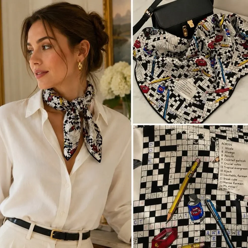 Vintage Nicole Miller 100% Silk Crossword Puzzle Novelty Scarf Teacher Writer